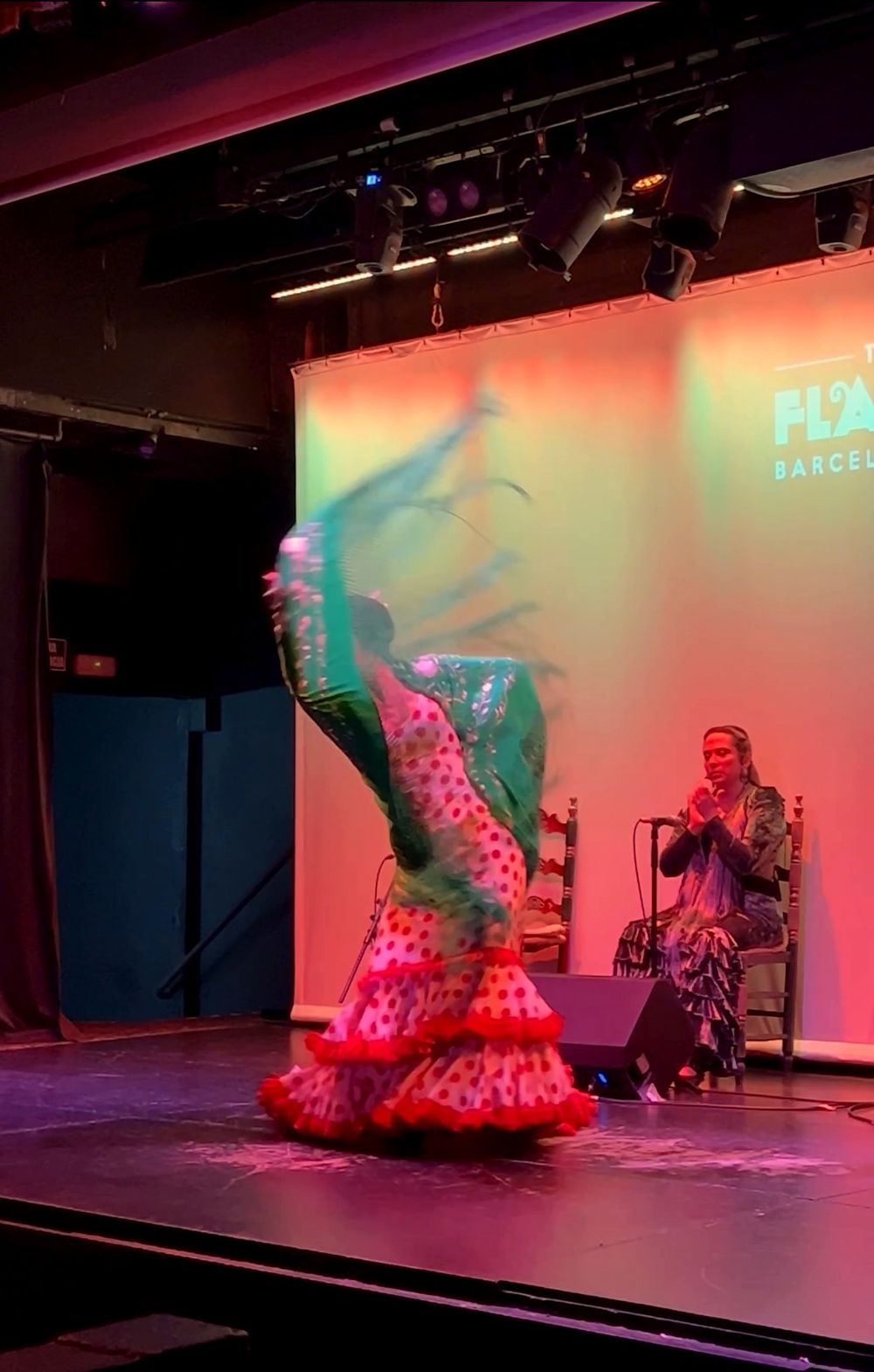 Flamenco dancer performing in front of the Flamenco Barcelona City Hall backdrop