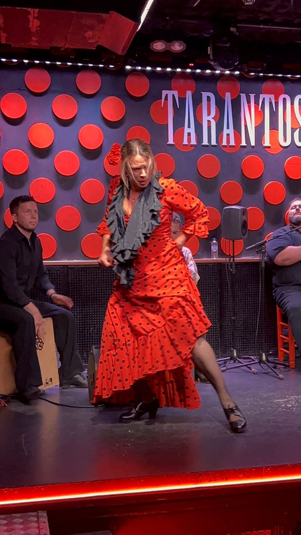 Flamenco dancer in a red polka-dot dress performing on stage at Los Tarantos, Barcelona